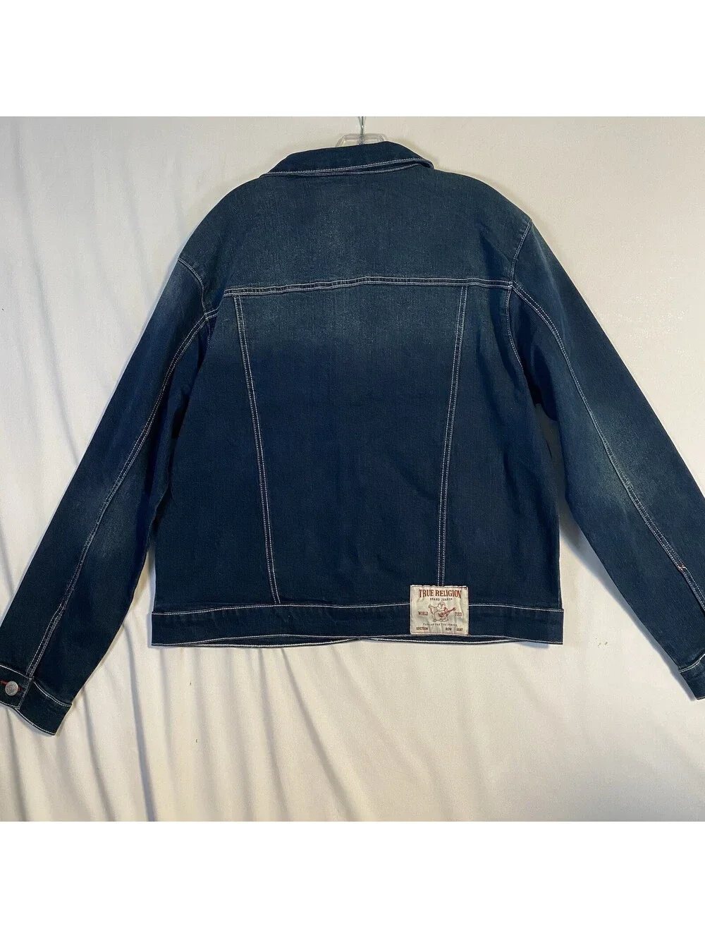True Religion Jacket Men's L Blue Cotton Denim Western Faded Collared $184 MSRP
